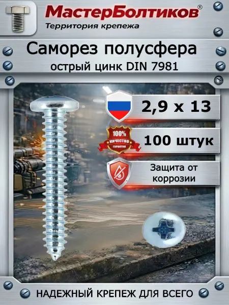 МастерБолтиков Саморез 2,9х13 полусфера острый цинк DIN 7981 (100 шт)