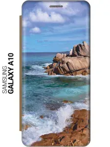 Чехол-книжка на Samsung Galaxy A10 / Самсунг А10 с 3D принтом "Скалистый берег" золотой