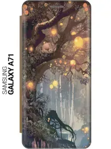Чехол-книжка на Samsung Galaxy A71 / Самсунг А71 с 3D принтом "Лиса на древе" золотой