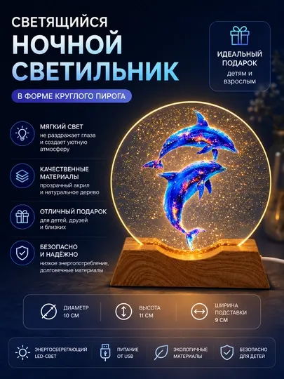 Светильник ночник LED с акриловой 3D панелью и деревянной подставкой
