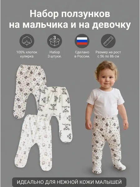 HAGA Комплект из 3 ползунков для новорожденных из кулирки