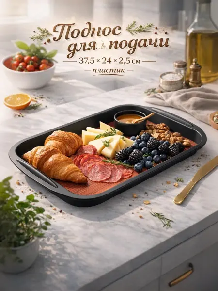 Magistro Поднос пластиковый для подачи с ручками 37.5х24х2.5 см