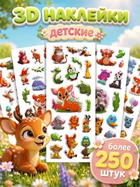 Stickplus 3D наклейки детские объемные животные набор