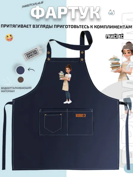 FashionJeans Фартук девушка официантка с подносом и книгами