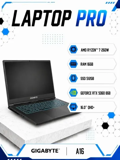 Ноутбук Gigabyte A16 AMD Ryzen™ 7 260W RAM 16GB SSD 512GB RTX 5060 8GB 16.0″ QHD+