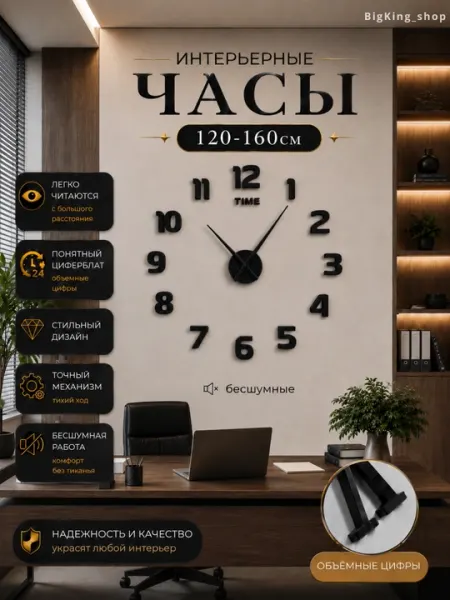 Большие настенные часы для интерьера — современный дизайн, большие декоративные 3D-часы
