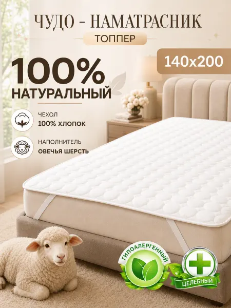 Адъютант Наматрасник хлопковый 140х200 с натуральной овечьей шерстью