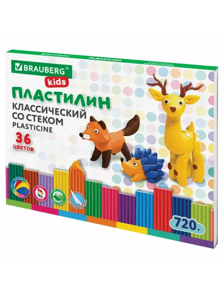 BRAUBERG KIDS Пластилин классический, 36 цветов, 720 г