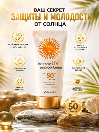 Intensive UV Sunblock Cream SPF 50+ PA+++ 3W Clinic — солнцезащитный крем для лица