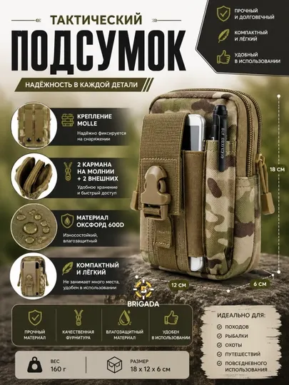 Тактическая PODSUMKA с системой MOLLE, мужская сумка на ремень