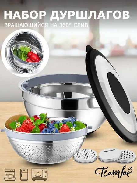 Набор мисок для кухни с дуршлаг и терка из нержавеющая сталь
