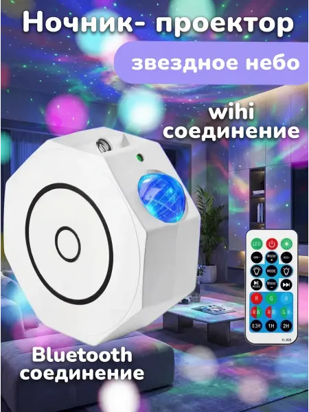 Искиева Ночник проектор звездное небо с пультом и музыкой для дома