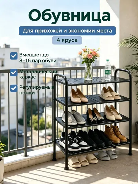 Обувница металлическая 4 яруса, для прихожей, черная