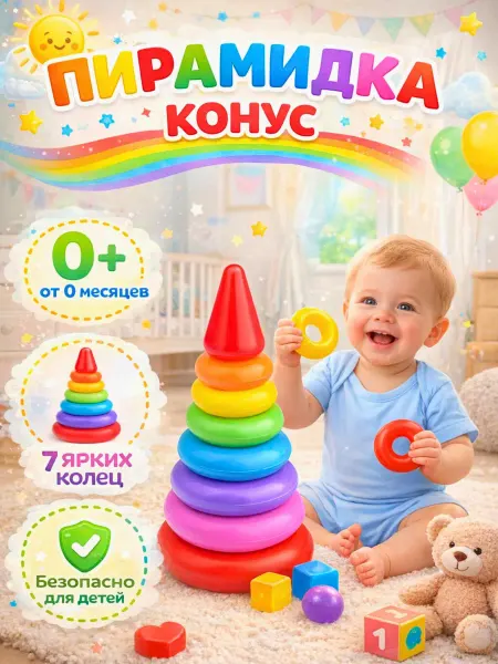 Пирамидка детская для малышeй развивающая игрушка 7 колец