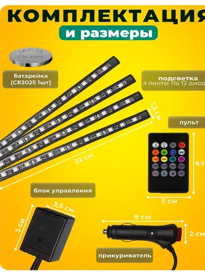 Светодиодная подсветка салона с пультом, RGB, для автомобиля, декоративное освещение