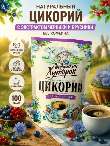 Бабушкин хуторок Цикорий растворимый с черникой и брусникой без кофеина
