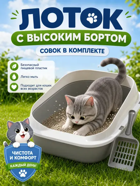 Лоток для кошек с высоким бортиком и лопаткой