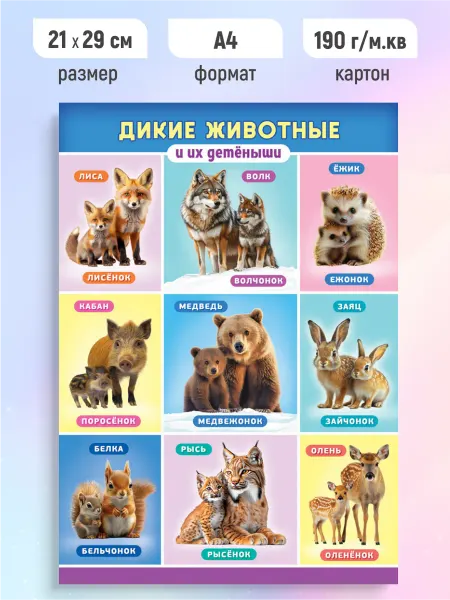 ЛиС Групп Детский обучающий плакат Дикие животные и их детеныши А4