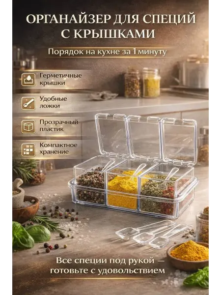 Ра23 Контейнер для специй 4 секции с крышками и ложками