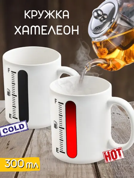 Кружка хамелеон Полный бак 300 мл, белая, чашка для чая, меняет цвет, рисунок, с приколом, мужская, подарочная