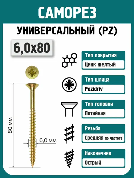Rizzel Саморезы по дереву 6,0х80 (200шт) универсальные желтые