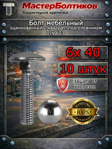 МастерБолтиков Болт мебельный 6х 40 оцинкованный (10 шт)