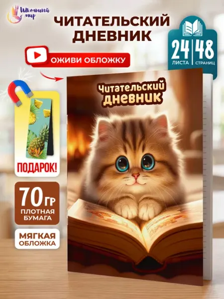 ШКОЛЬНЫЙ МИР Читательский дневник для мальчика и девочек с котиком А5