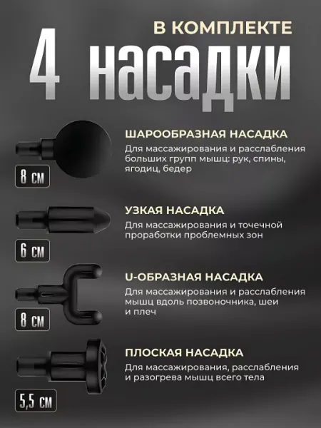 Электрический перкуссионный массажер с 6 режимами, 4 насадками, зарядкой Type-C