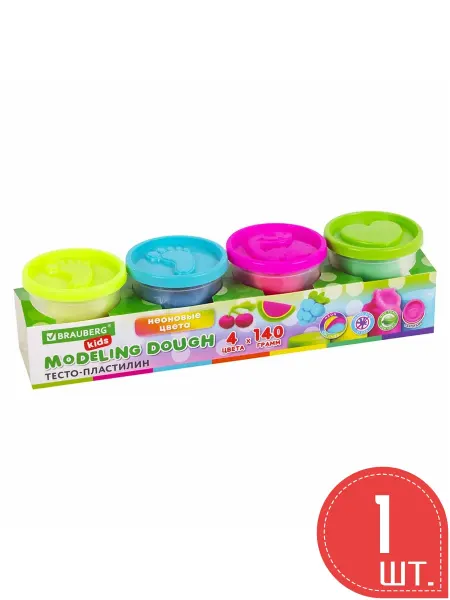 BRAUBERG KIDS Пластилин-тесто для лепки, 4 цв, 560 г, яркие неоновые цв