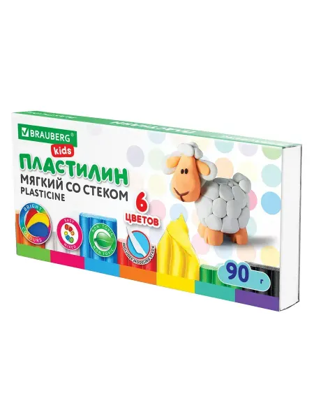 BRAUBERG KIDS Пластилин мягкий восковой, 6 цветов, 90 г