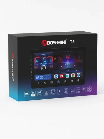 BOS-MINI T3 — автомобильный дисплей, 4/64 ГБ, Wi-Fi, кнопки управления, быстрая зарядка