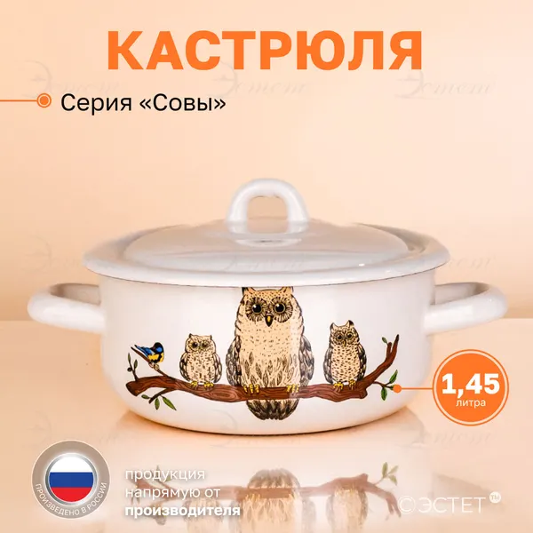 Кастрюля эмалированная 1.45 л для всех видов плит "Совы"