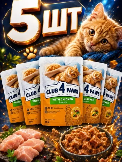 Влажный корм для кошек - пищеварения Club 4 Paws с курицей в соусе 85 грамм 5 штук