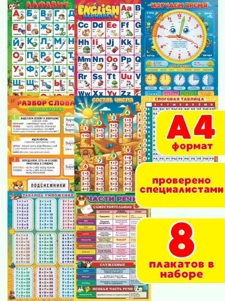 ИП Дзус Набор плакатов русский алфавит умножение слоговая таблица