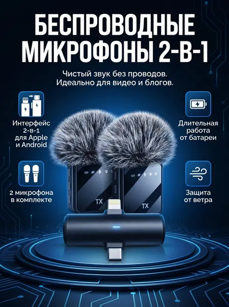 Петличный микрофон петличка с ветрозащитой, петличный микрофон беспроводной (2 микрофона и ресивер)