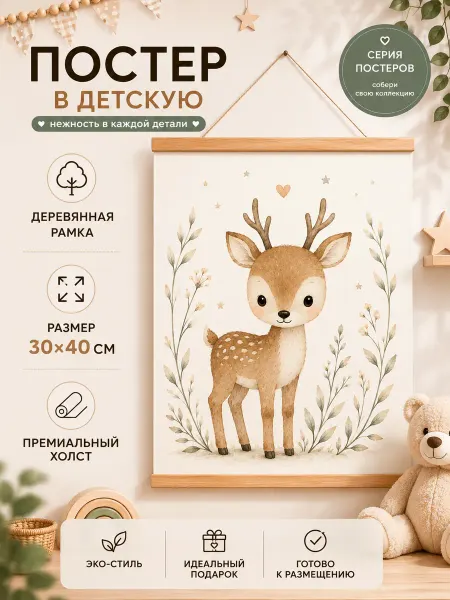 Постер в детскую Олень 30х40 на холсте с деревянной рамой