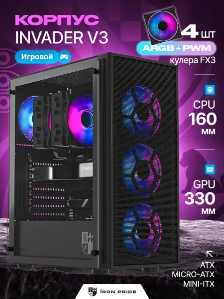 IRON PRIDE Корпус ПК игровой PREDATOR V3 4 кулера FX3 PWM ARGB