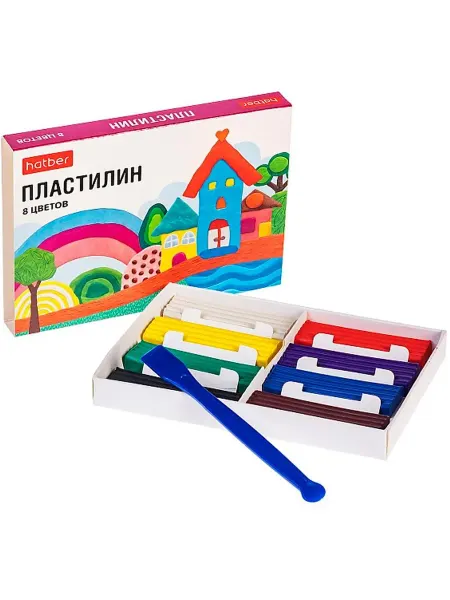 Hatber Пластилин цветной 8 цветов с инструментом для лепки, 1 шт
