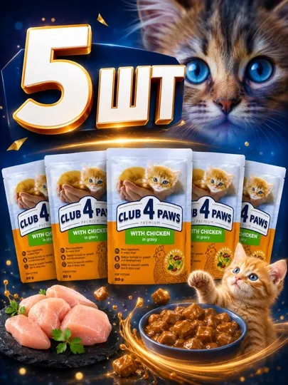 Влажный корм для котят Club 4 Paws с курицей в желе 80 гр (5 штук)