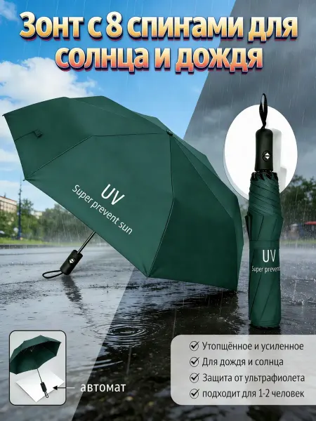Компактный автоматический зонт антиветер, 8 спиц