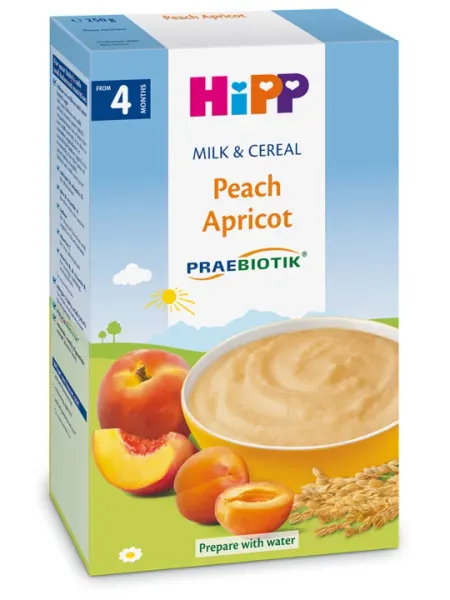 HIPP детская молочная каша рис кукуруза персик абрикос с пробиотиками, 250 гр, с 4 месяцев