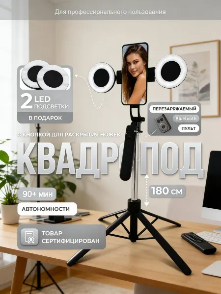 Штатив для телефона с LED лампами и пультом 180 см