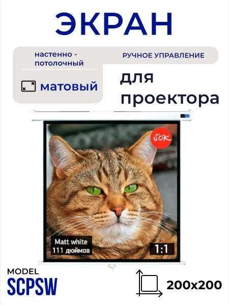 S'OK Экран для проектора 200x200 1 1 настенный рулонный 111'