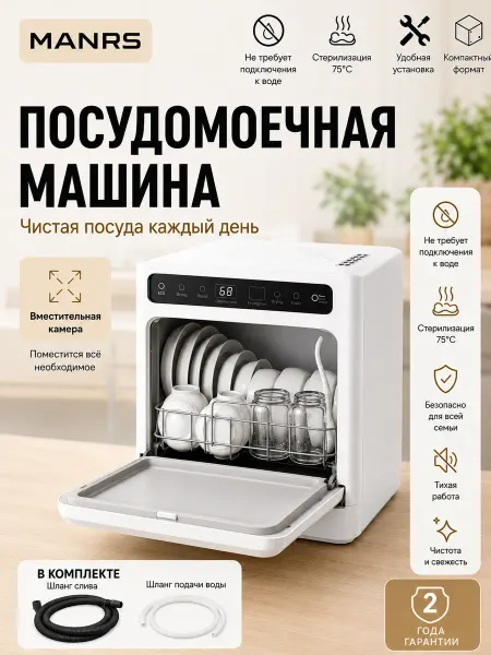 MANRS Посудомоечная машина настольная компактная, 4 программы