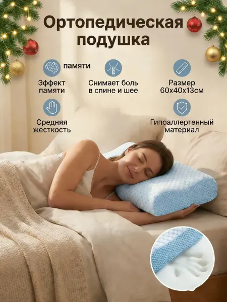 GANESA Ортопедическая подушка для сна анатомическая 60х40
