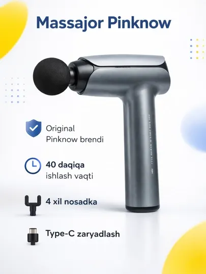 Массажер Pinknow, Перкуссионный массажный пистолет, 4 насадки, Type-C