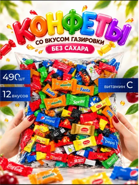 Конфеты со вкусом газировки из 12 вкусов без сахара 500 гр
