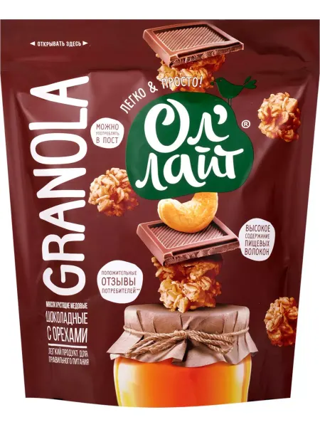 ОЛ'ЛАЙТ Granola Мюсли медовые, шоколадные с орехами, 280г
