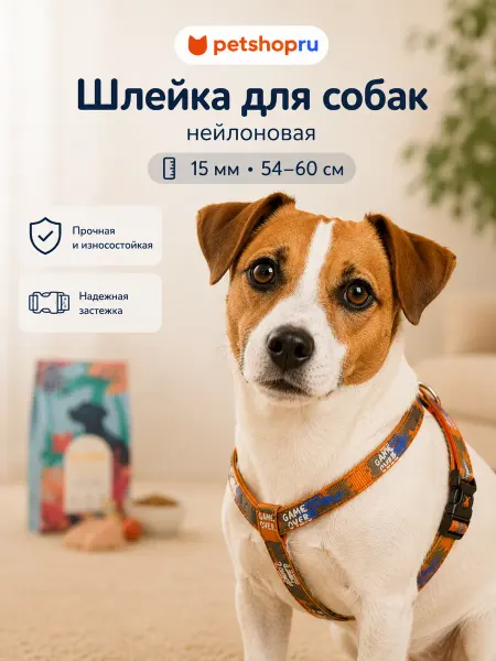 PetShop Шлейка для собак нейлоновая 15мм-54-60см, оранжевая
