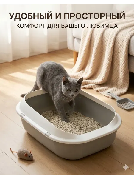 Глубокий лоток для кошек устойчивый в комплекте с совком